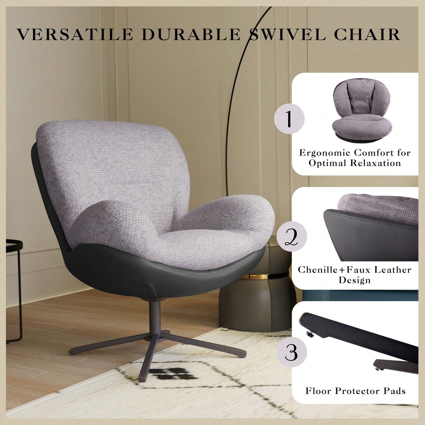 Navy Blue 360° Swivel Accent Chair Stylish Chenille Lounge Chair with Faux Leather Base Ideal for Small Spaces Living Room Bedroom Office