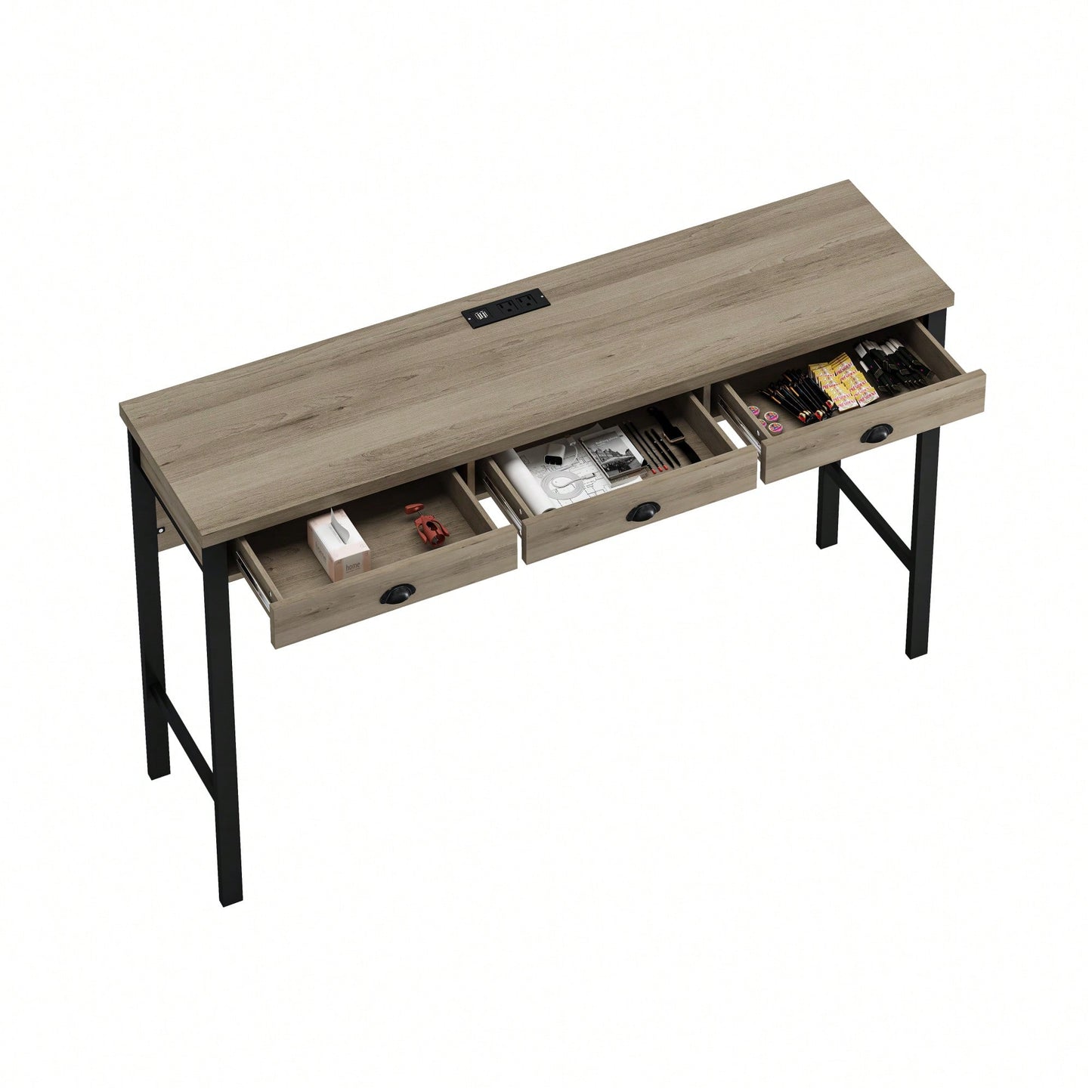 Modern 3-Drawer Dining Table Set with Power Outlets and Circular PU Stools for Kitchen or Bar in Brown Gray and Black