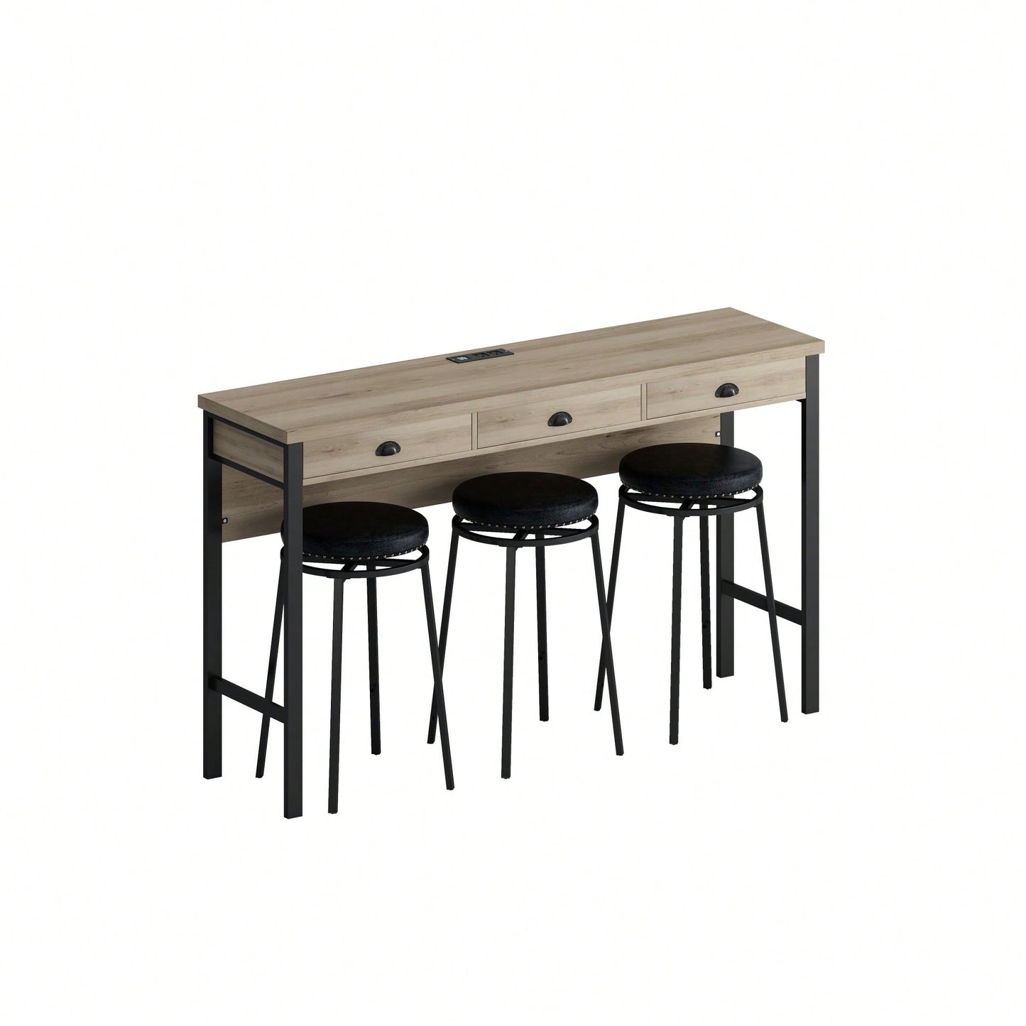 Modern 3-Drawer Dining Table Set with Power Outlets and Circular PU Stools for Kitchen or Bar in Brown Gray and Black