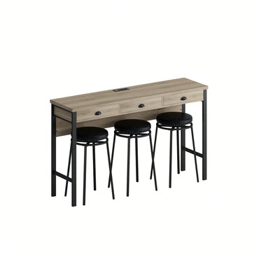 Modern 3-Drawer Dining Table Set with Power Outlets and Circular PU Stools for Kitchen or Bar in Brown Gray and Black