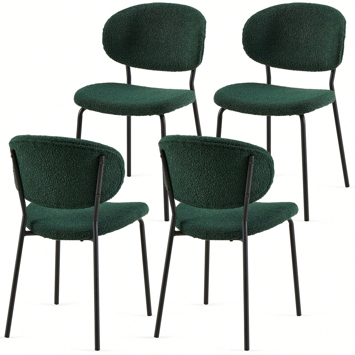 Set Of 4 Beige Boucle Fabric Dining Chairs With Black Metal Legs - Modern Armless Kitchen Chairs For Dining And Living Rooms