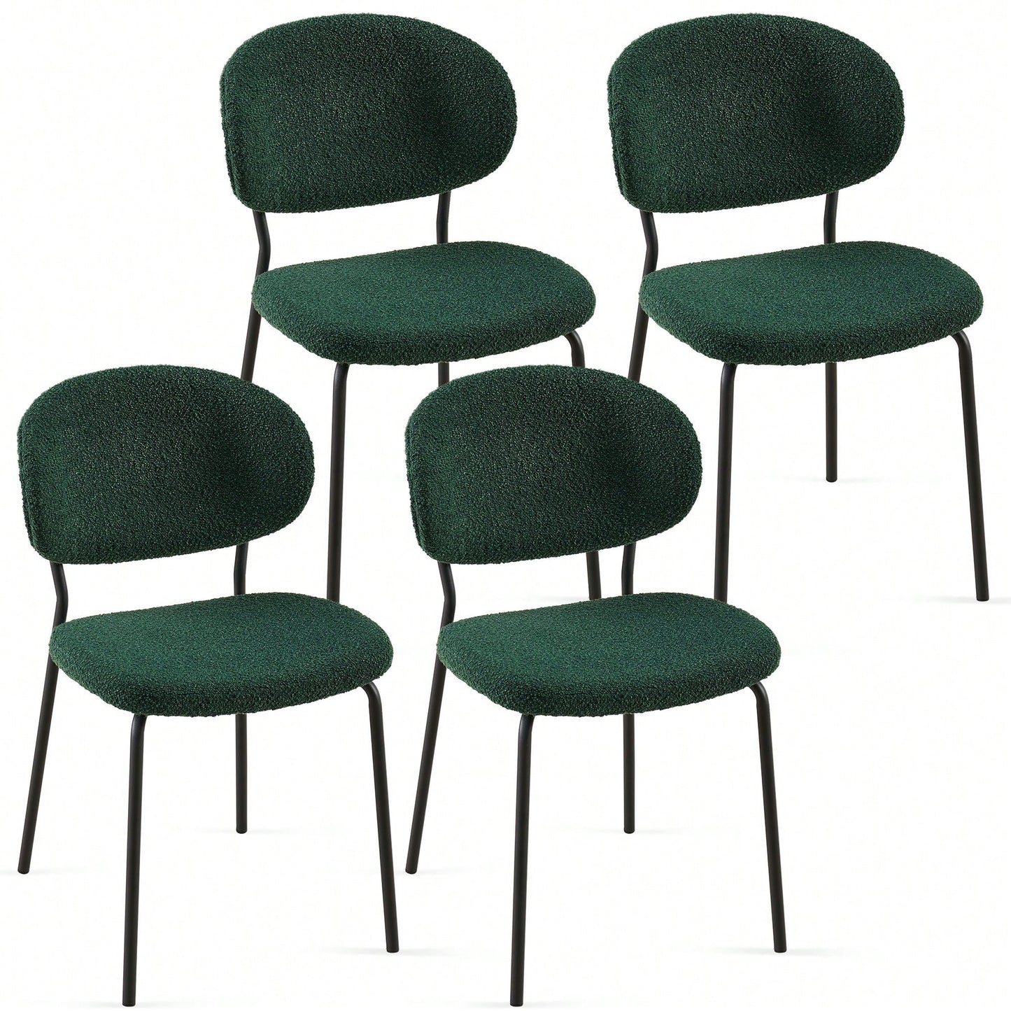 Set Of 4 Beige Boucle Fabric Dining Chairs With Black Metal Legs - Modern Armless Kitchen Chairs For Dining And Living Rooms