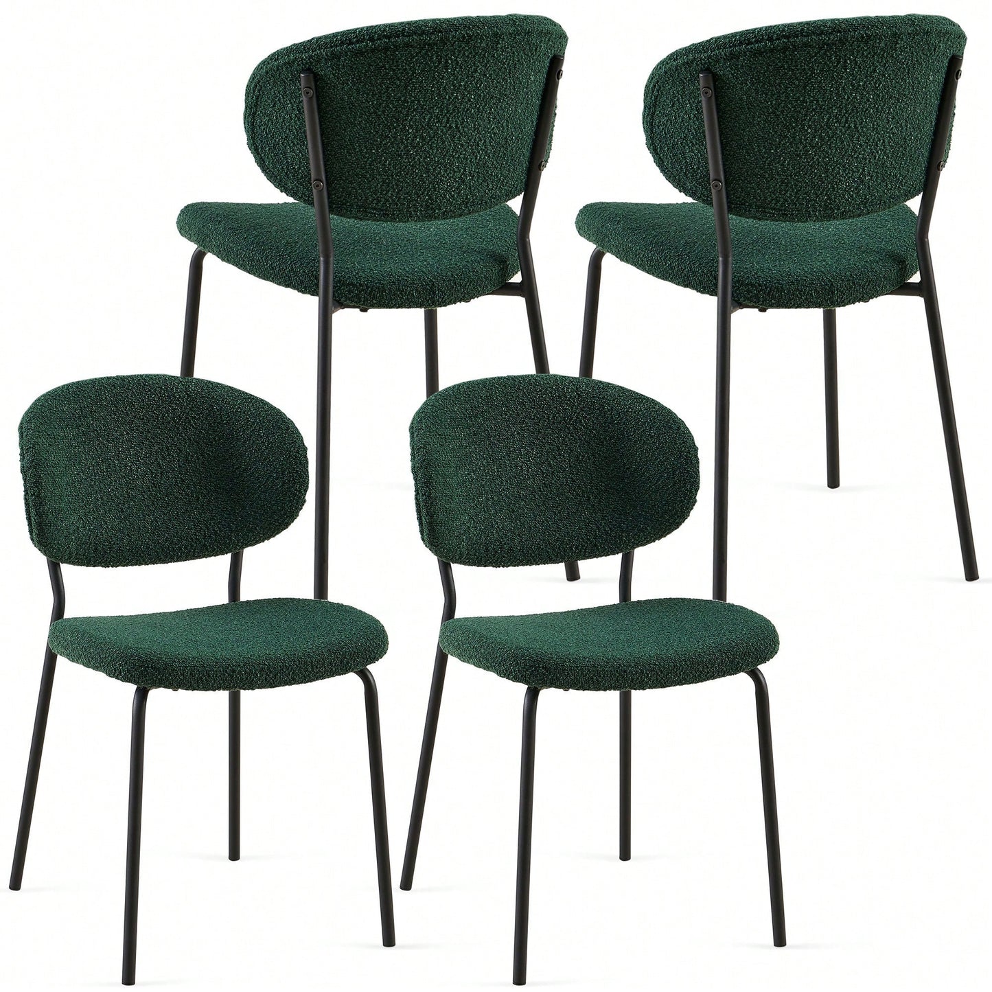 Set Of 4 Beige Boucle Fabric Dining Chairs With Black Metal Legs - Modern Armless Kitchen Chairs For Dining And Living Rooms