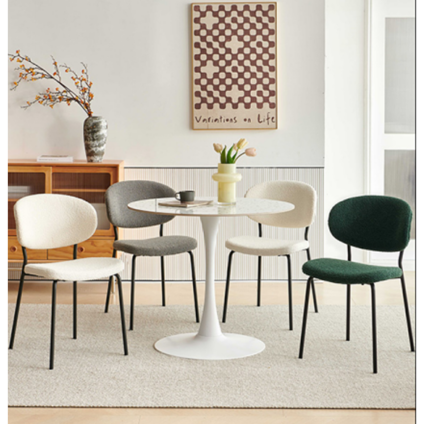 Set Of 4 Beige Boucle Fabric Dining Chairs With Black Metal Legs - Modern Armless Kitchen Chairs For Dining And Living Rooms