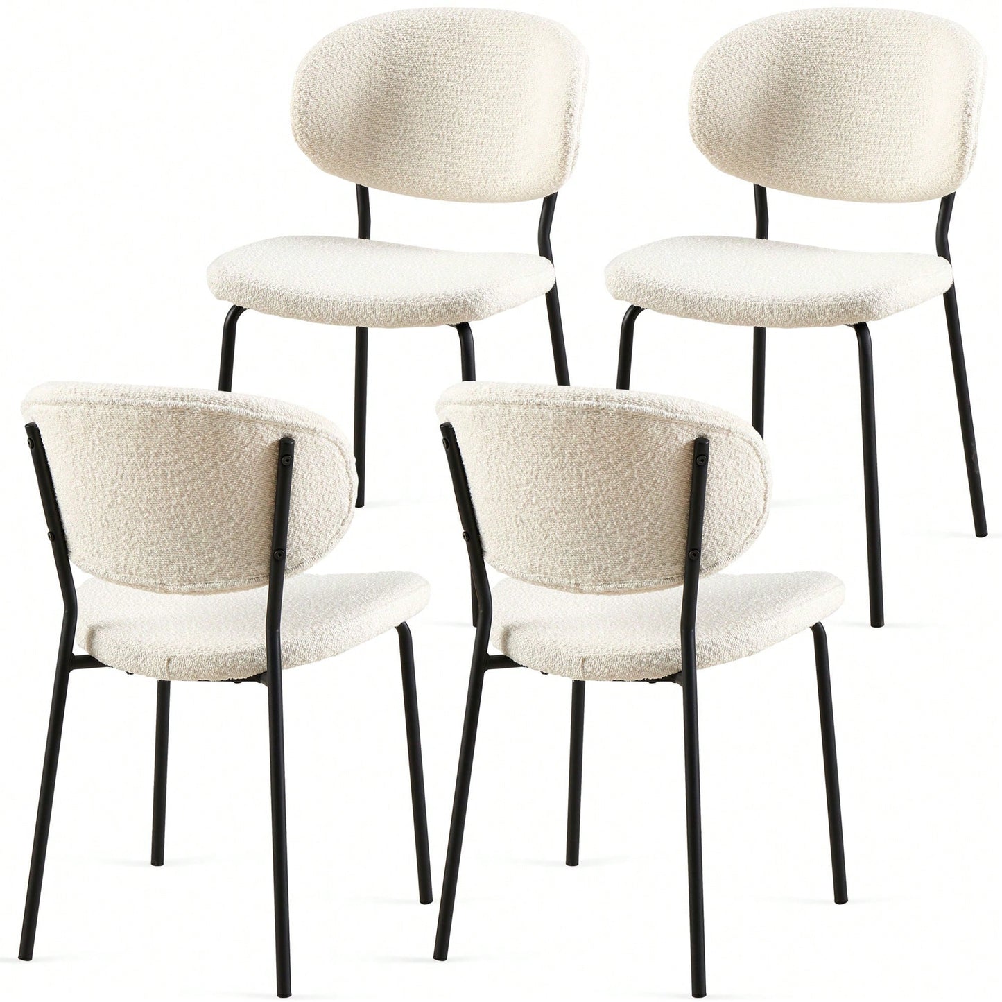 Set Of 4 Beige Boucle Fabric Dining Chairs With Black Metal Legs - Modern Armless Kitchen Chairs For Dining And Living Rooms