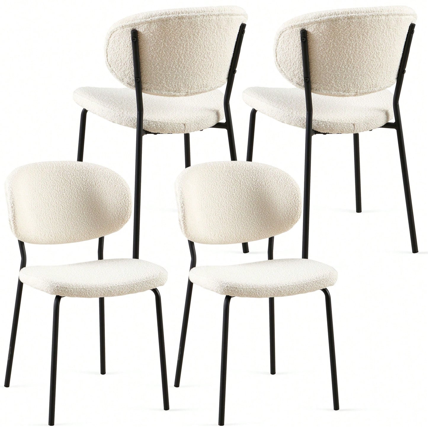 Set Of 4 Beige Boucle Fabric Dining Chairs With Black Metal Legs - Modern Armless Kitchen Chairs For Dining And Living Rooms