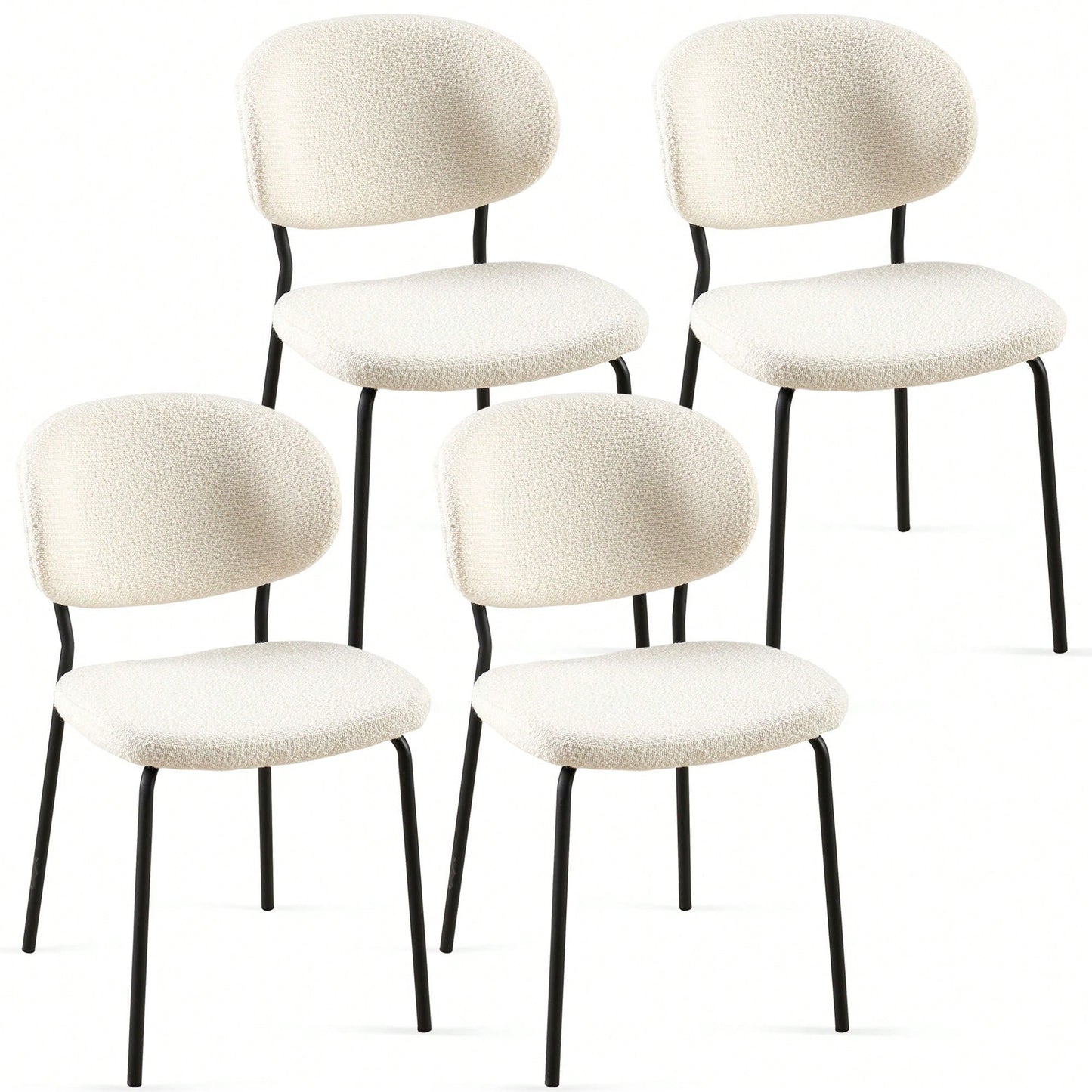 Set Of 4 Beige Boucle Fabric Dining Chairs With Black Metal Legs - Modern Armless Kitchen Chairs For Dining And Living Rooms