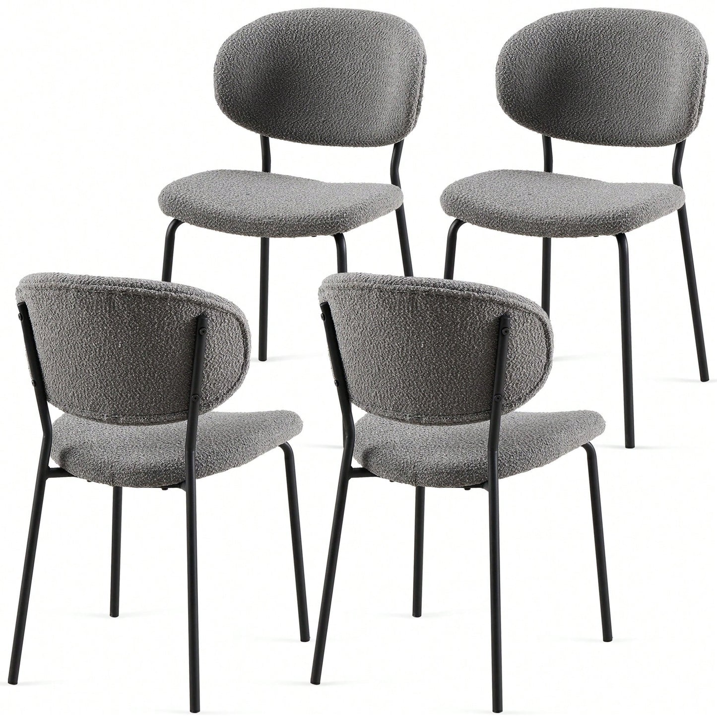 Set Of 4 Beige Boucle Fabric Dining Chairs With Black Metal Legs - Modern Armless Kitchen Chairs For Dining And Living Rooms