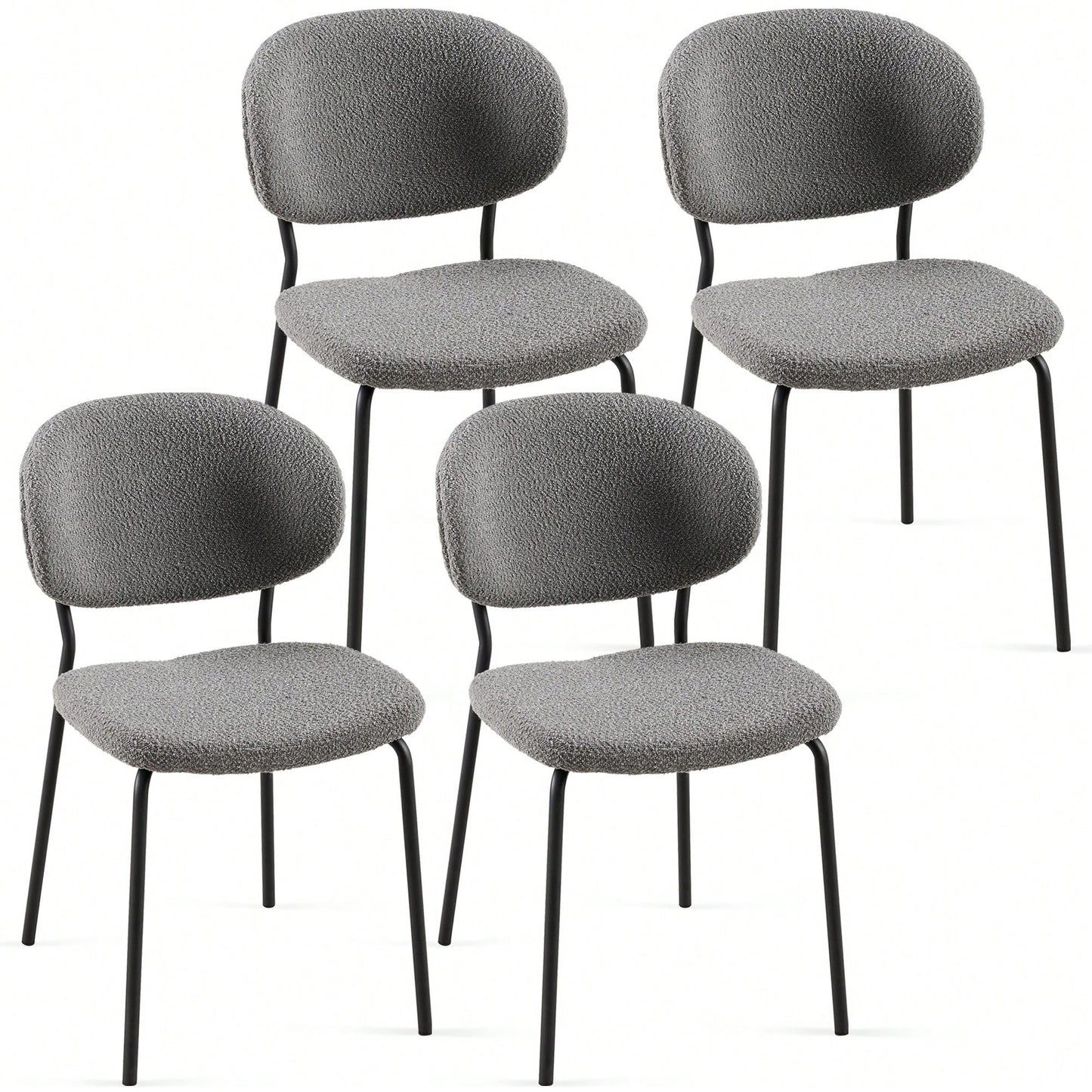 Set Of 4 Beige Boucle Fabric Dining Chairs With Black Metal Legs - Modern Armless Kitchen Chairs For Dining And Living Rooms