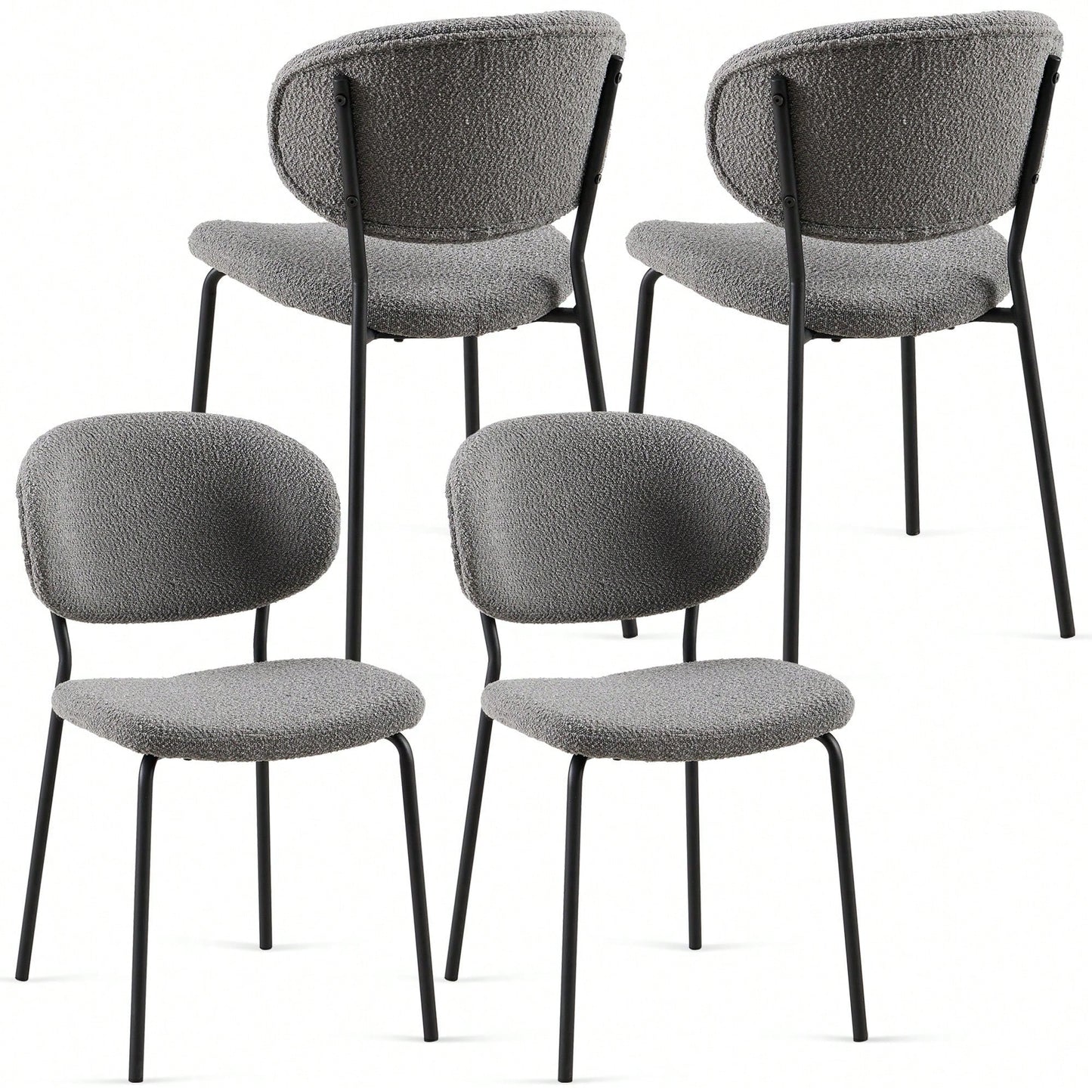 Set Of 4 Beige Boucle Fabric Dining Chairs With Black Metal Legs - Modern Armless Kitchen Chairs For Dining And Living Rooms