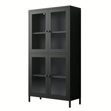 Elegant Black Metal Display Cabinet With 4 Glass Doors And Shelves For Home, Office, Or Living Spaces - Tempered Glass Design