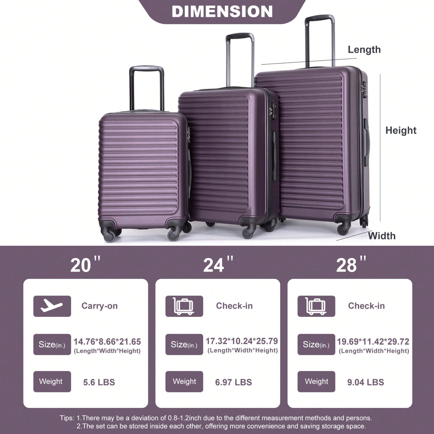 Lightweight 3-Piece ABS Luggage Set - Stylish Black Suitcases With Spinner Wheels, TSA Lock, And Hooks (20 / 24" / 28")"