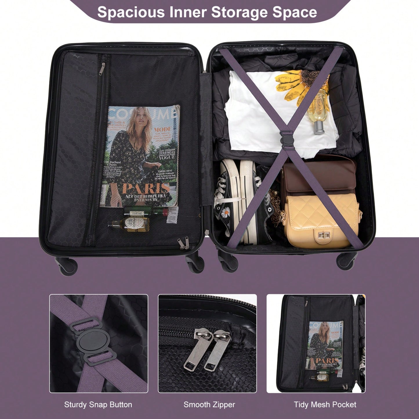 Lightweight 3-Piece ABS Luggage Set - Stylish Black Suitcases With Spinner Wheels, TSA Lock, And Hooks (20 / 24" / 28")"