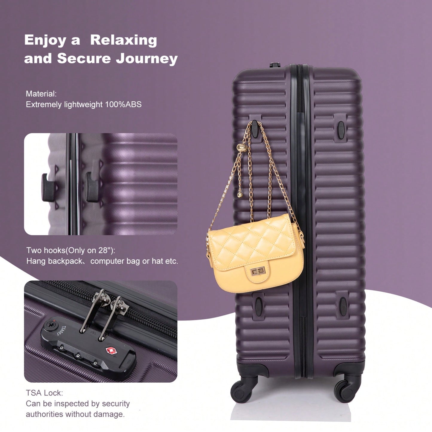 Lightweight 3-Piece ABS Luggage Set - Stylish Black Suitcases With Spinner Wheels, TSA Lock, And Hooks (20 / 24" / 28")"