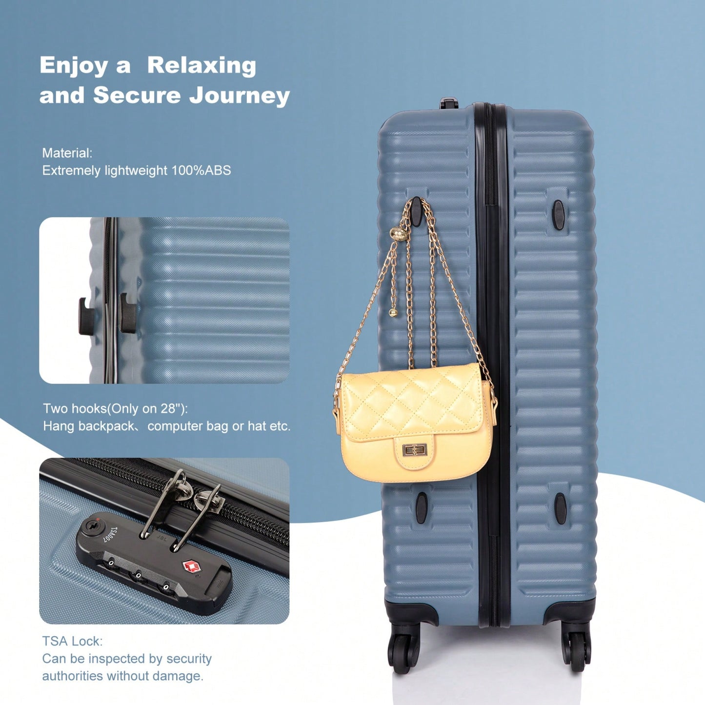 Lightweight 3-Piece ABS Luggage Set - Stylish Black Suitcases With Spinner Wheels, TSA Lock, And Hooks (20 / 24" / 28")"