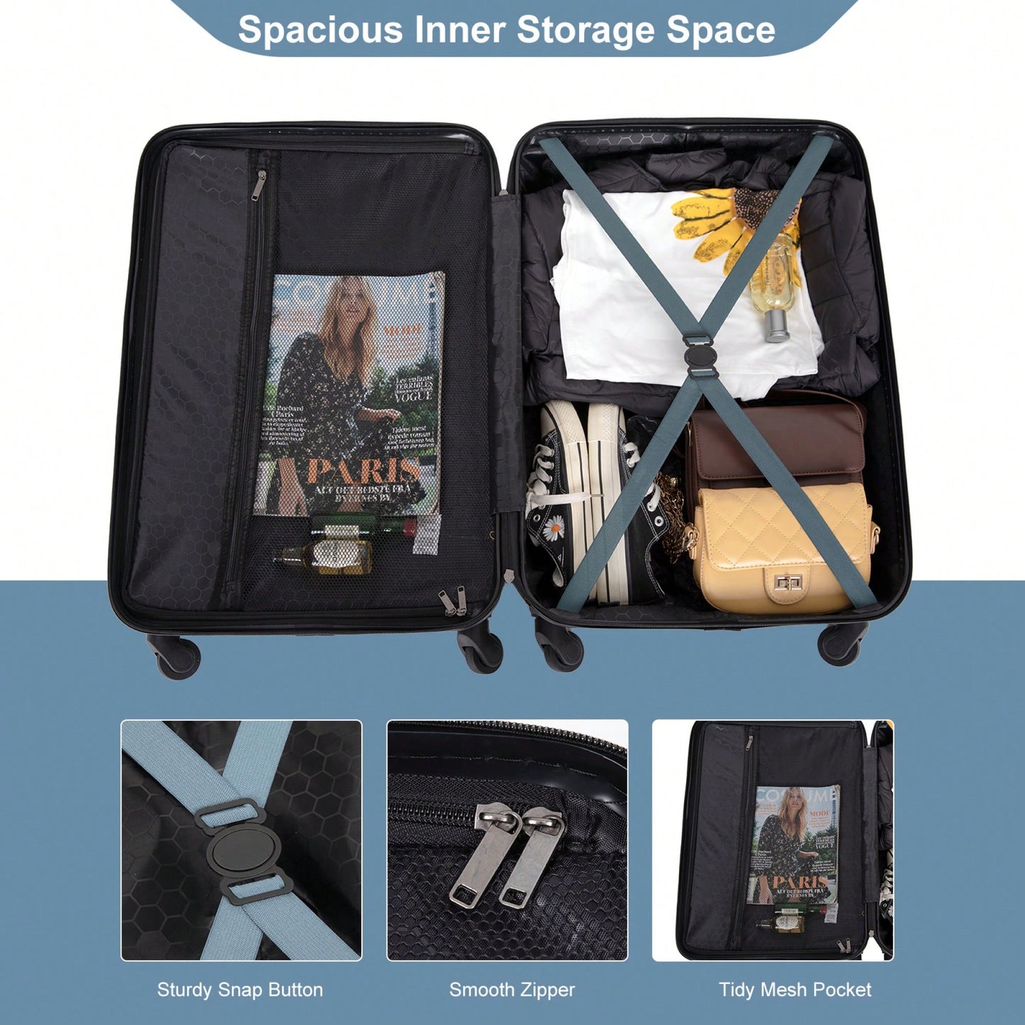 Lightweight 3-Piece ABS Luggage Set - Stylish Black Suitcases With Spinner Wheels, TSA Lock, And Hooks (20 / 24" / 28")"