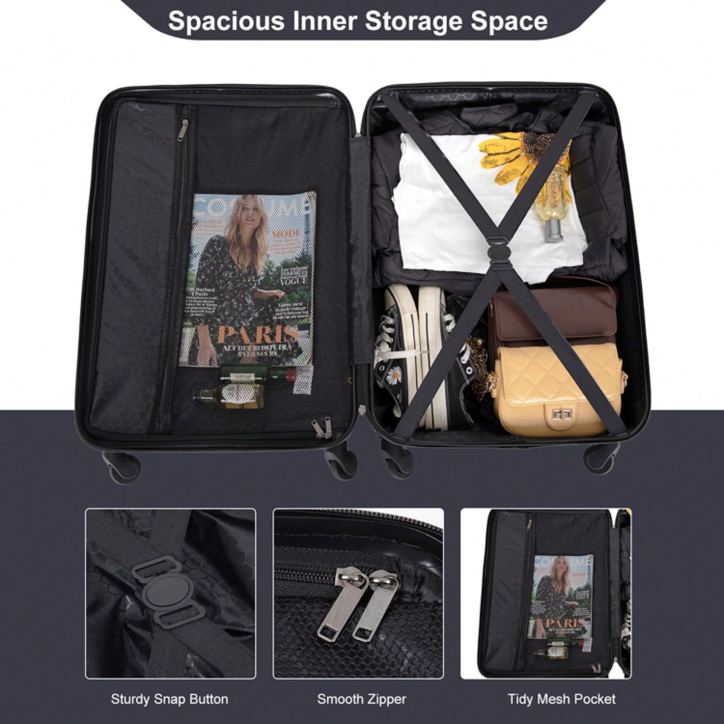 Lightweight 3-Piece ABS Luggage Set - Stylish Black Suitcases With Spinner Wheels, TSA Lock, And Hooks (20 / 24" / 28")"