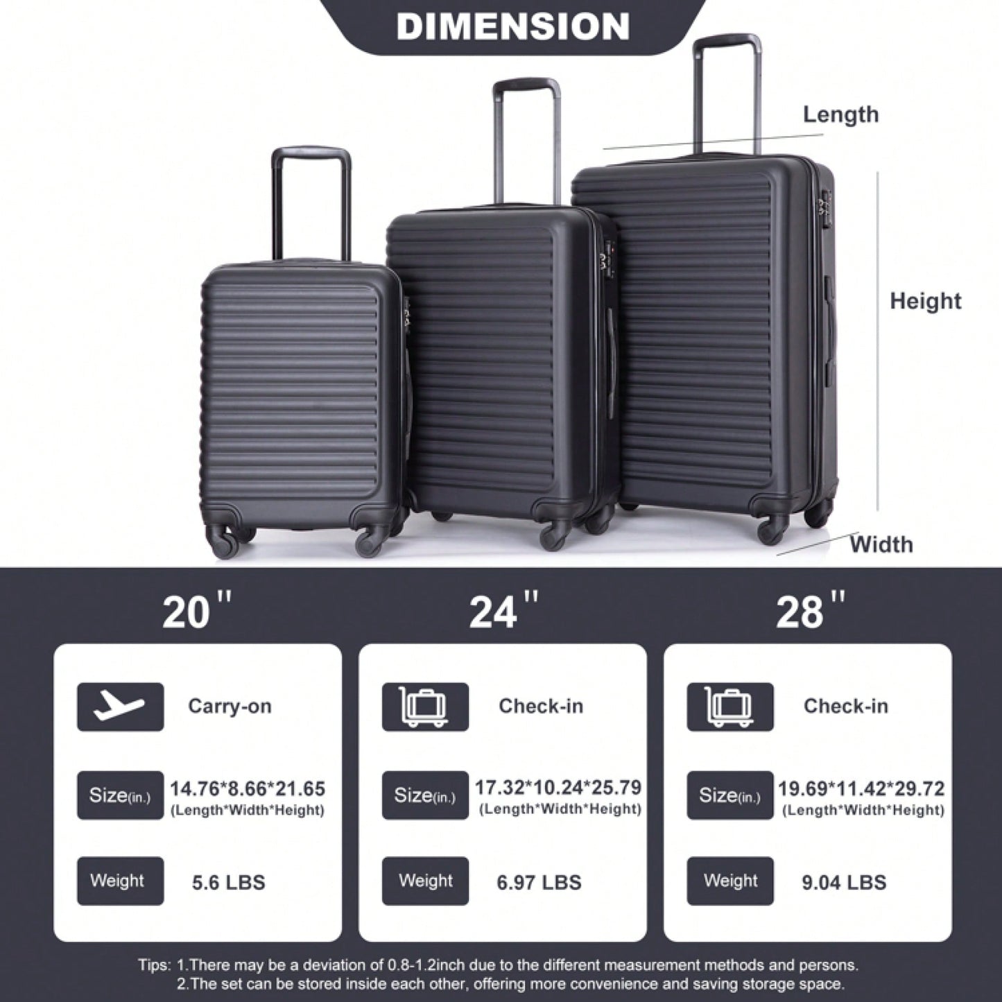 Lightweight 3-Piece ABS Luggage Set - Stylish Black Suitcases With Spinner Wheels, TSA Lock, And Hooks (20 / 24" / 28")"