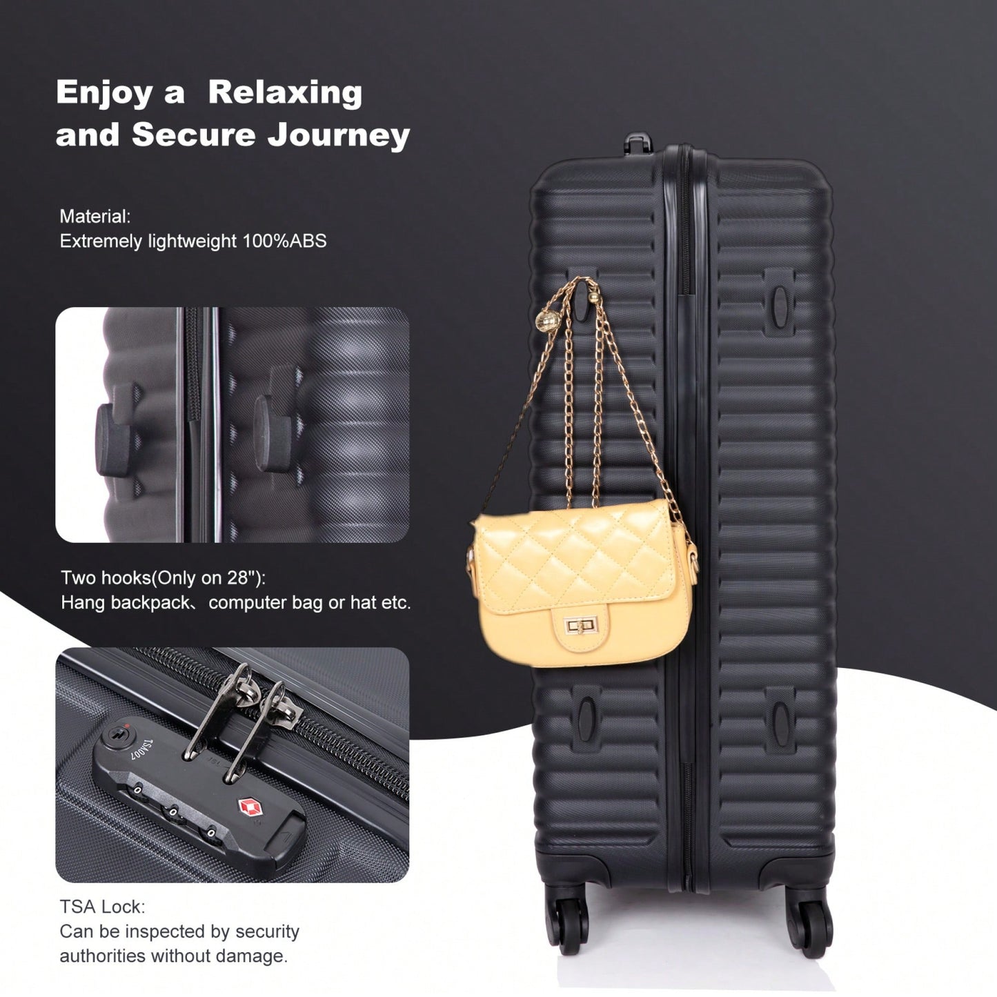 Lightweight 3-Piece ABS Luggage Set - Stylish Black Suitcases With Spinner Wheels, TSA Lock, And Hooks (20 / 24" / 28")"