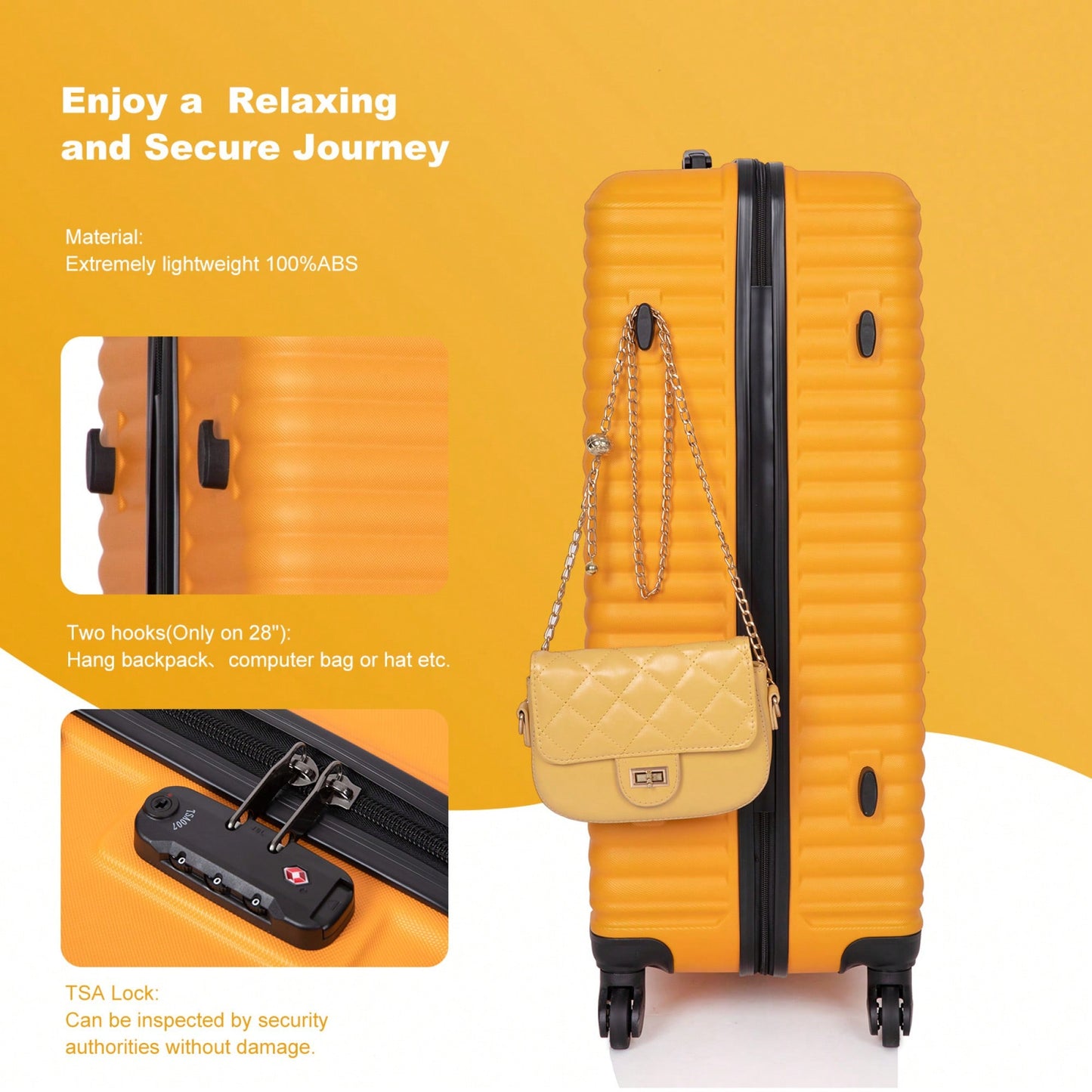 Lightweight 3-Piece ABS Luggage Set - Stylish Black Suitcases With Spinner Wheels, TSA Lock, And Hooks (20 / 24" / 28")"