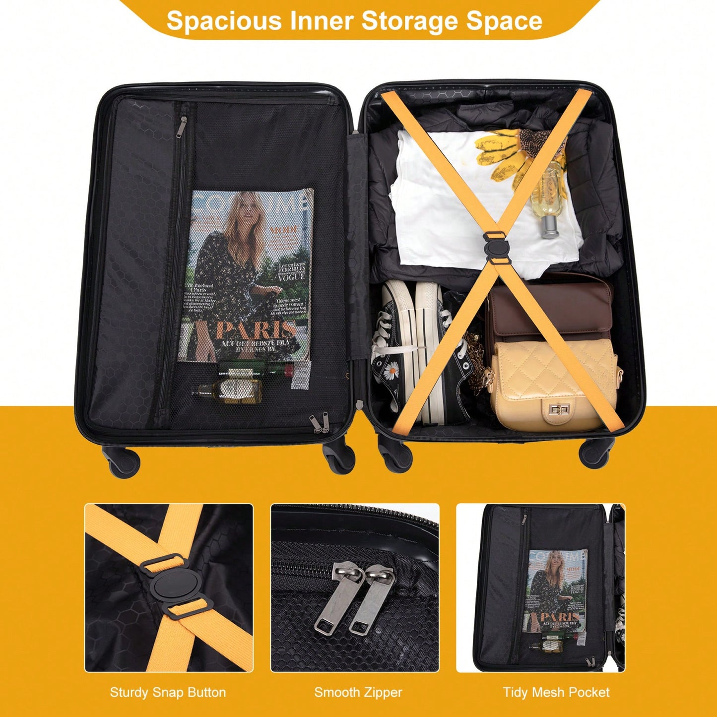 Lightweight 3-Piece ABS Luggage Set - Stylish Black Suitcases With Spinner Wheels, TSA Lock, And Hooks (20 / 24" / 28")"