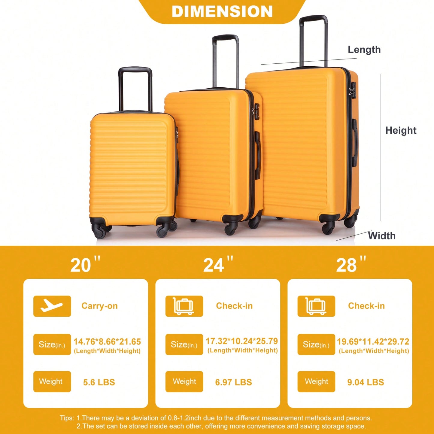 Lightweight 3-Piece ABS Luggage Set - Stylish Black Suitcases With Spinner Wheels, TSA Lock, And Hooks (20 / 24" / 28")"