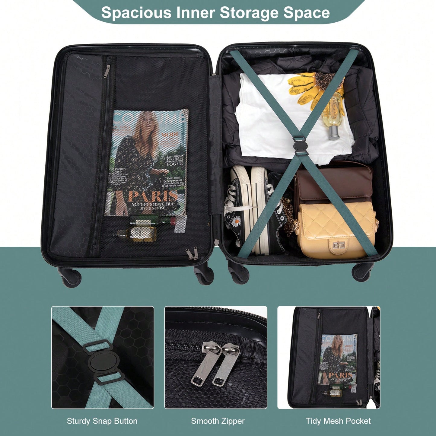 Lightweight 3-Piece ABS Luggage Set - Stylish Black Suitcases With Spinner Wheels, TSA Lock, And Hooks (20 / 24" / 28")"