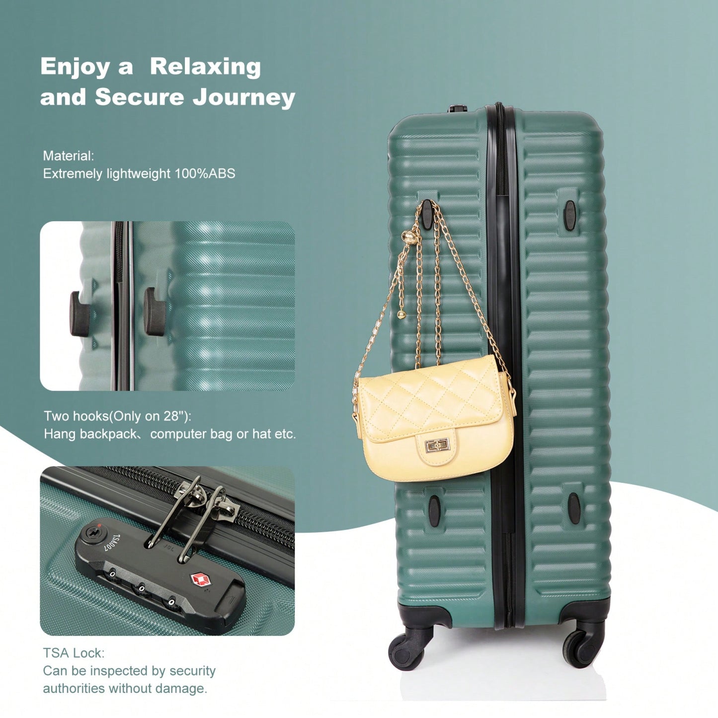 Lightweight 3-Piece ABS Luggage Set - Stylish Black Suitcases With Spinner Wheels, TSA Lock, And Hooks (20 / 24" / 28")"