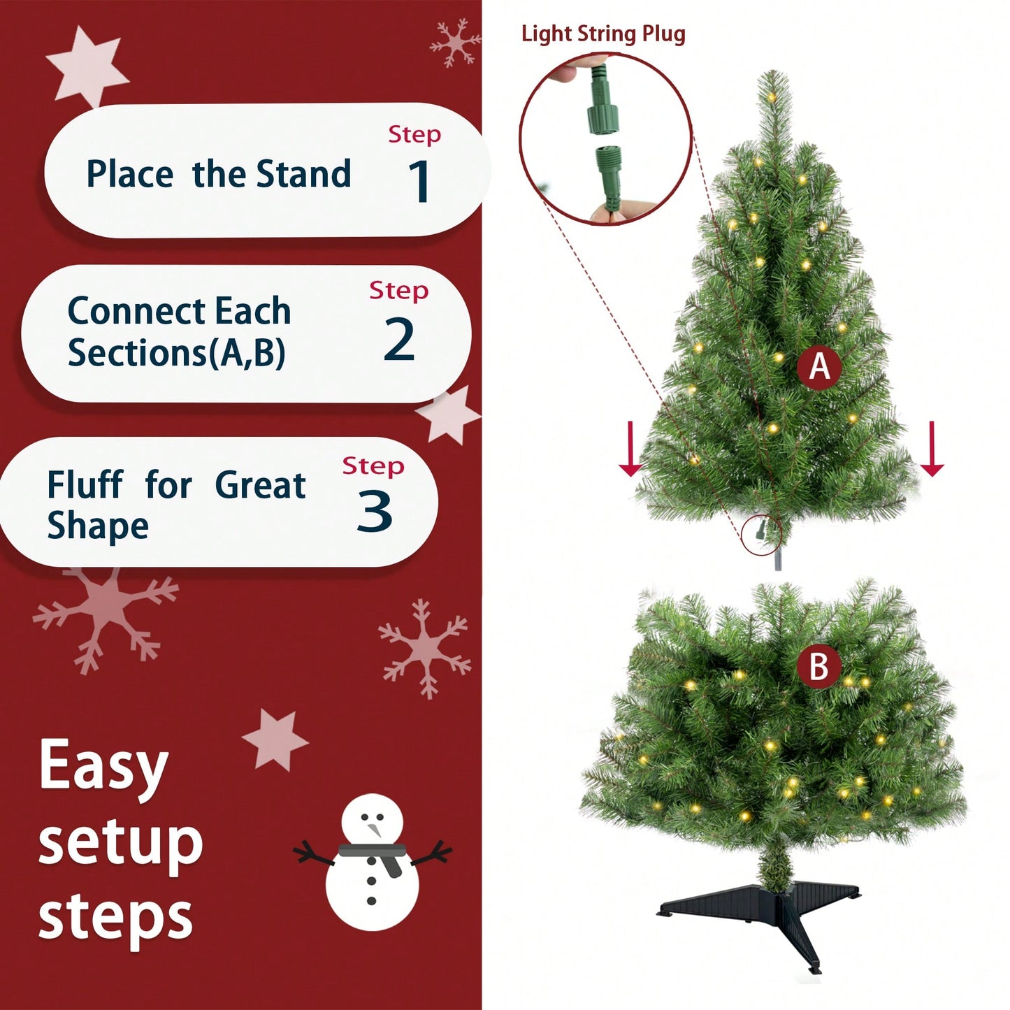 4ft Prelit Artificial Christmas Tree With 100 Warm White LED Lights, Realistic PVC Branch Tips For Easy Indoor Setup