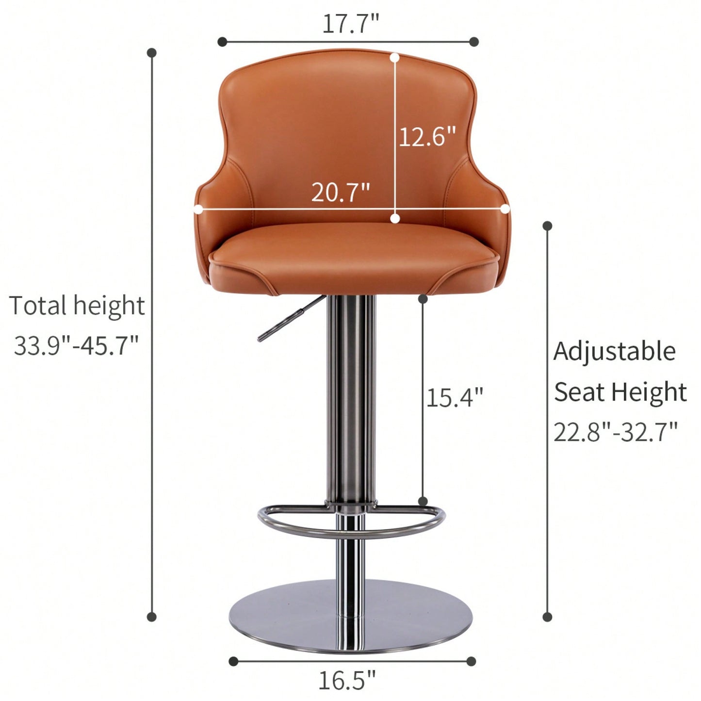 Adjustable Black Titanium Bar Stool with Leather Backrest for Kitchen Counter and Dining Room Brown