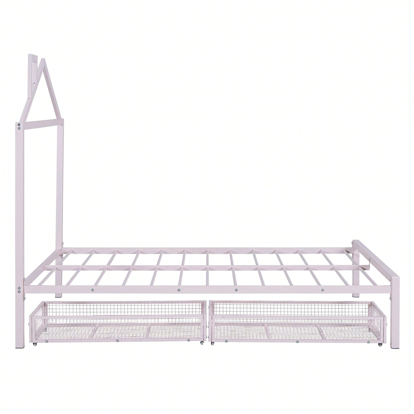 Stylish Full Size Metal Platform Bed With Storage Drawers And House-Shaped Headboard In White