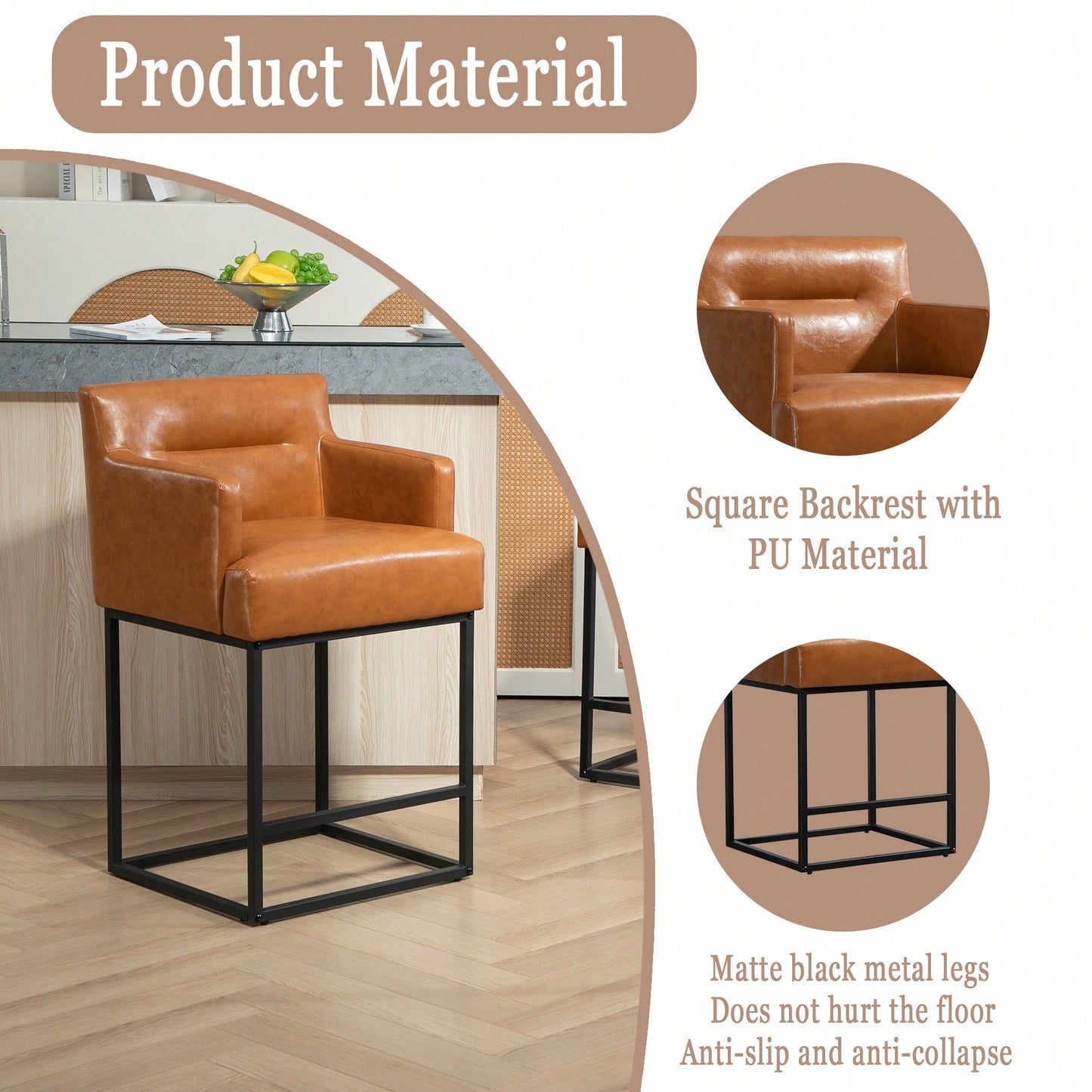 Set of 2 Modern Square Back Bar Stools with Black Metal Frame for Kitchen Island and Pub Brown PU Upholstered Seat