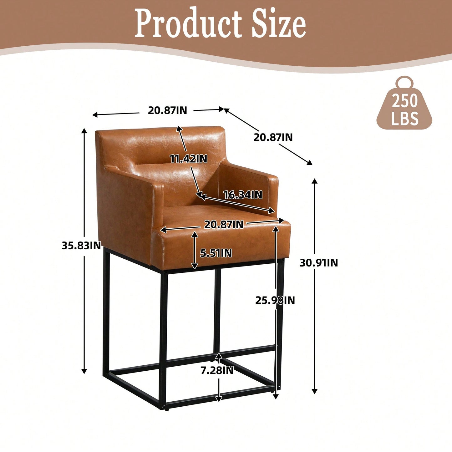 Set of 2 Modern Square Back Bar Stools with Black Metal Frame for Kitchen Island and Pub Brown PU Upholstered Seat