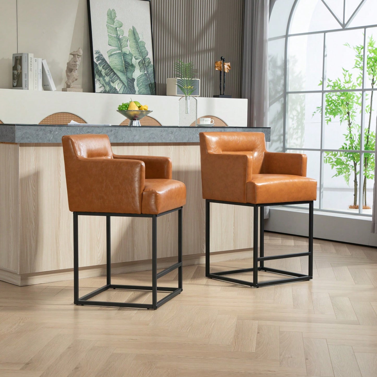 Set of 2 Modern Square Back Bar Stools with Black Metal Frame for Kitchen Island and Pub Brown PU Upholstered Seat