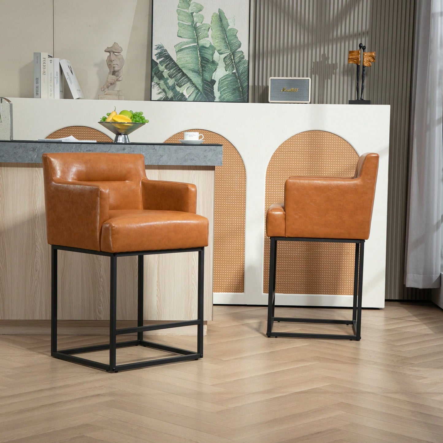 Set of 2 Modern Square Back Bar Stools with Black Metal Frame for Kitchen Island and Pub Brown PU Upholstered Seat