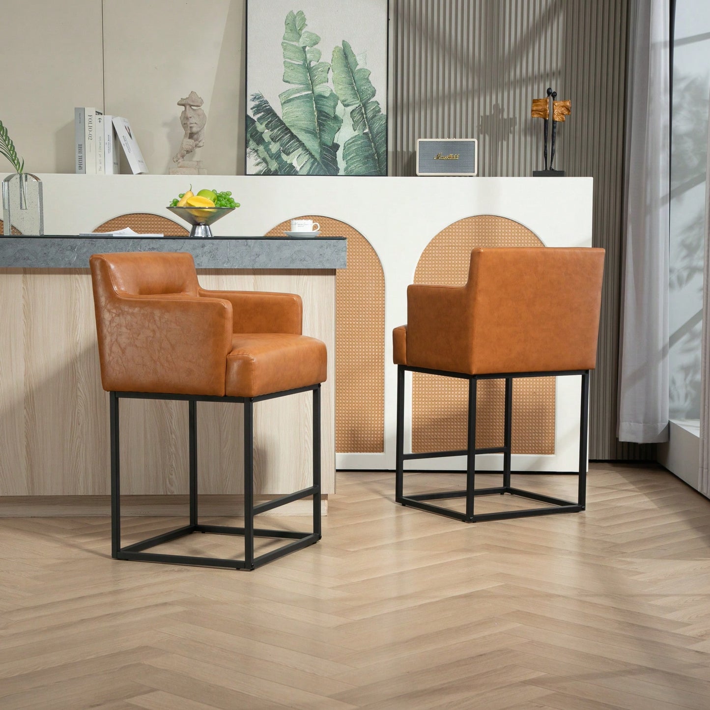 Set of 2 Modern Square Back Bar Stools with Black Metal Frame for Kitchen Island and Pub Brown PU Upholstered Seat