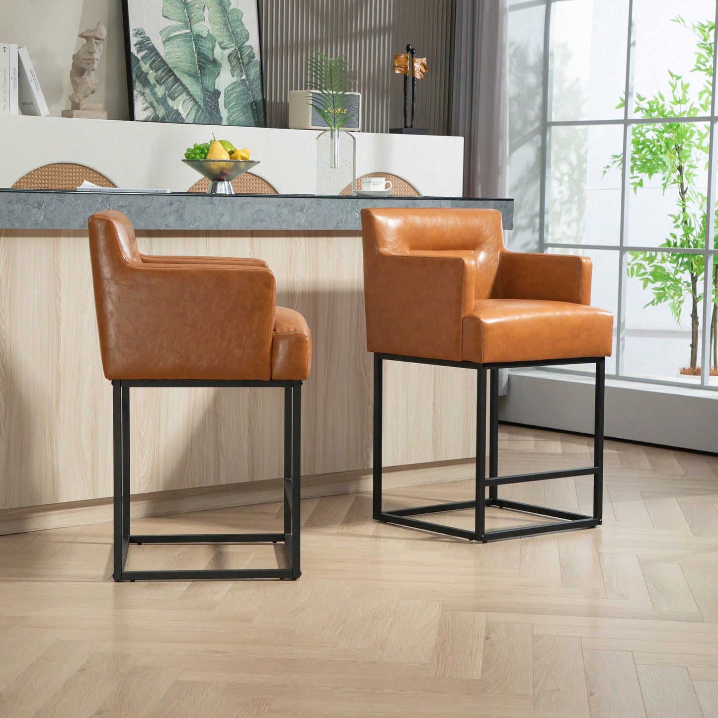 Set of 2 Modern Square Back Bar Stools with Black Metal Frame for Kitchen Island and Pub Brown PU Upholstered Seat