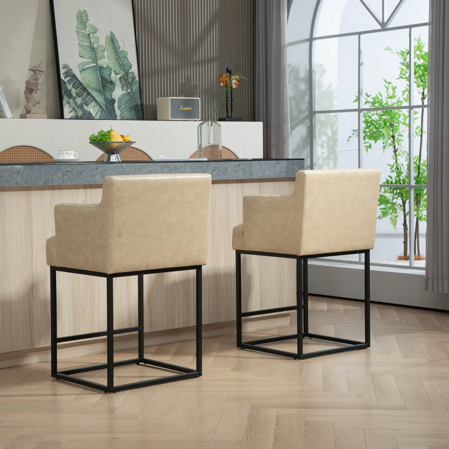 Set of 2 Modern Square Back Bar Stools with Black Metal Frame for Kitchen Island and Pub Brown PU Upholstered Seat