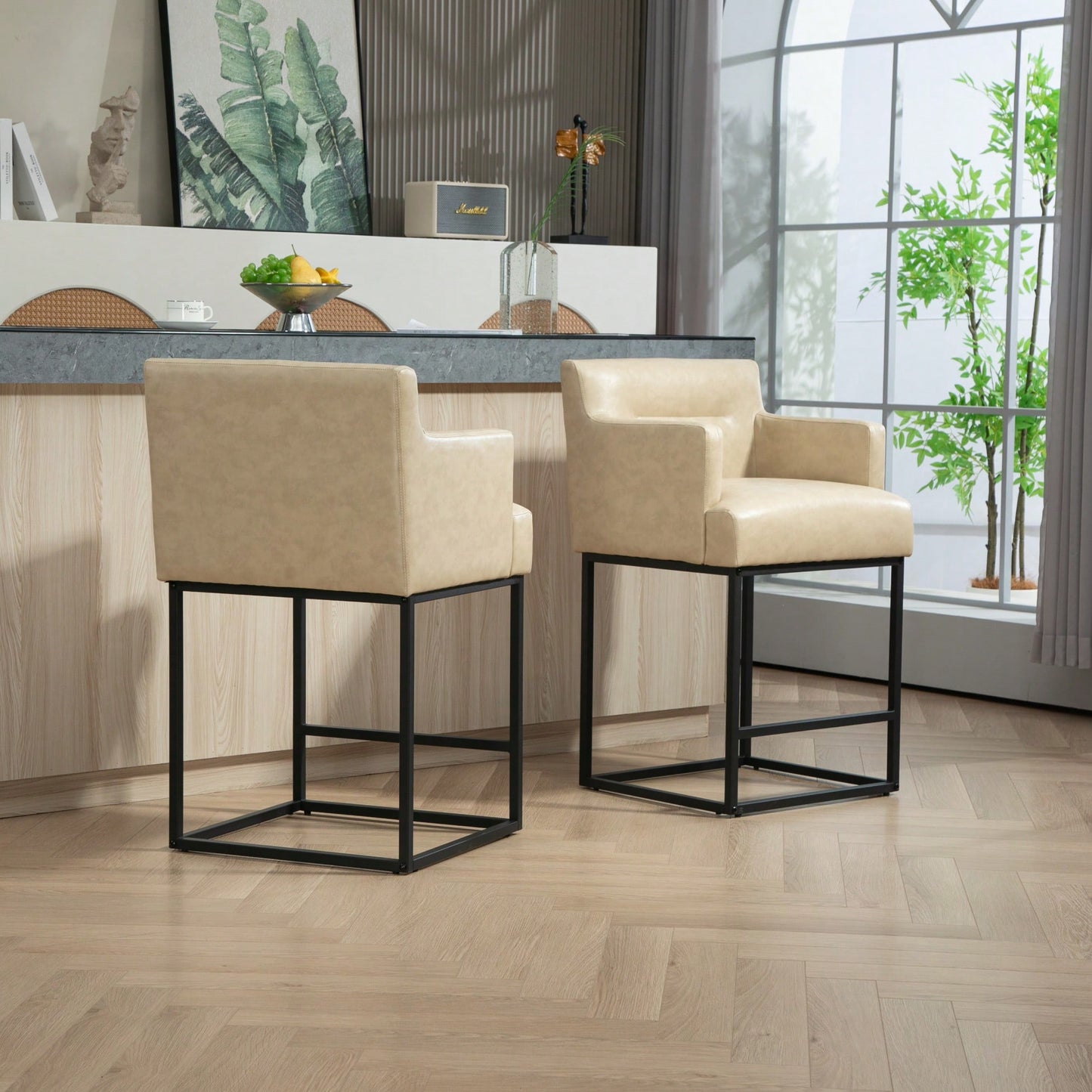 Set of 2 Modern Square Back Bar Stools with Black Metal Frame for Kitchen Island and Pub Brown PU Upholstered Seat