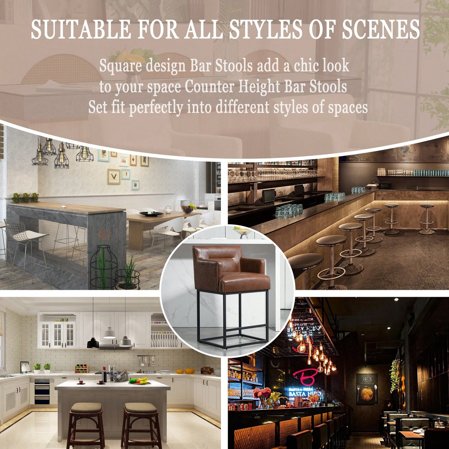 Set of 2 Modern Square Back Bar Stools with Black Metal Frame for Kitchen Island and Pub Brown PU Upholstered Seat