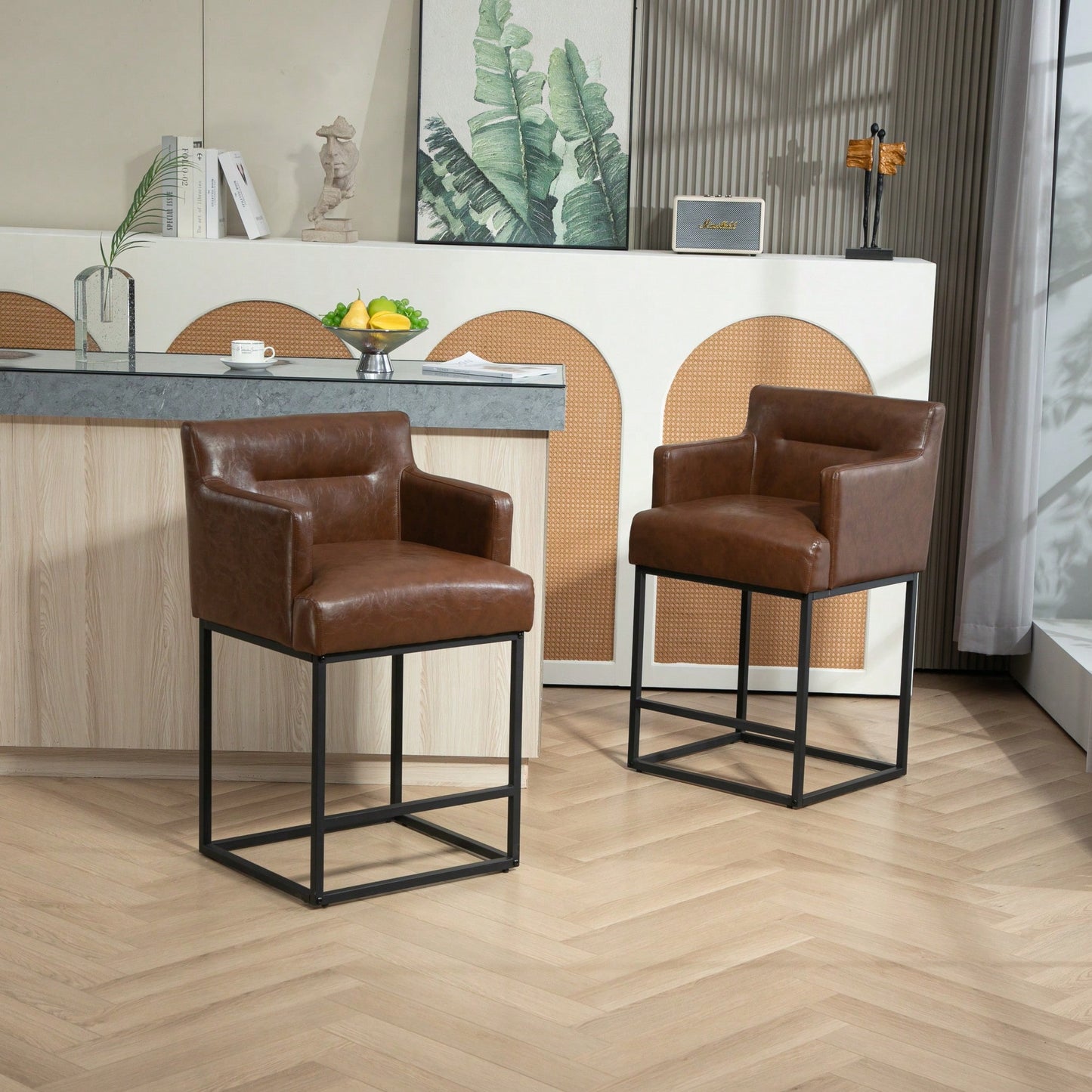 Set of 2 Modern Square Back Bar Stools with Black Metal Frame for Kitchen Island and Pub Brown PU Upholstered Seat