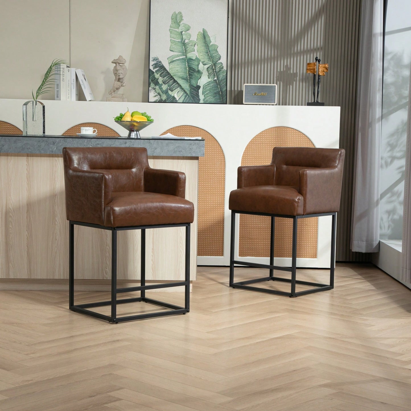 Set of 2 Modern Square Back Bar Stools with Black Metal Frame for Kitchen Island and Pub Brown PU Upholstered Seat