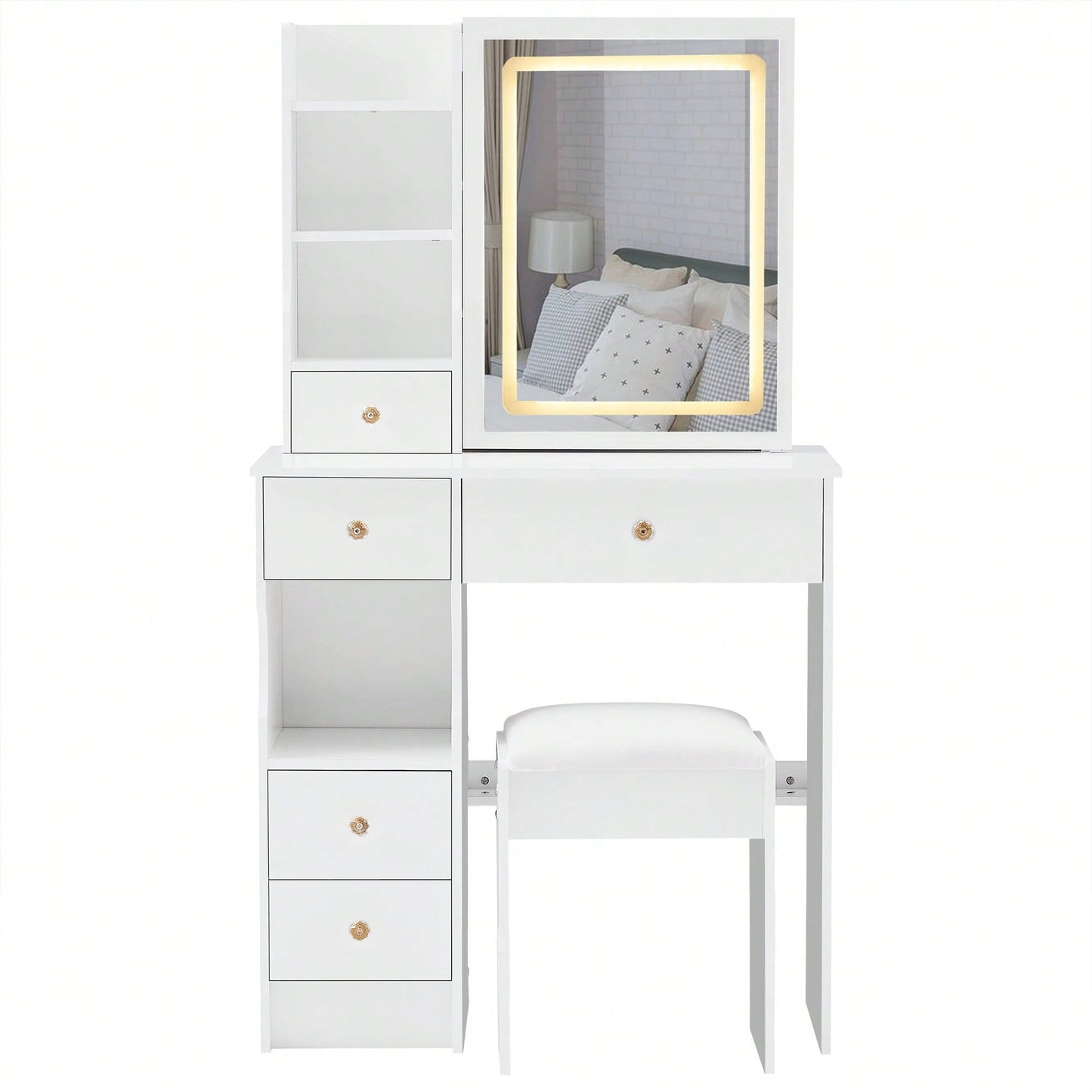 Compact Vanity Table with Cushioned Stool LED Touch Mirror Tri-Color Lighting Adjustable Brightness Multi-Storage Ideal for Small Spaces