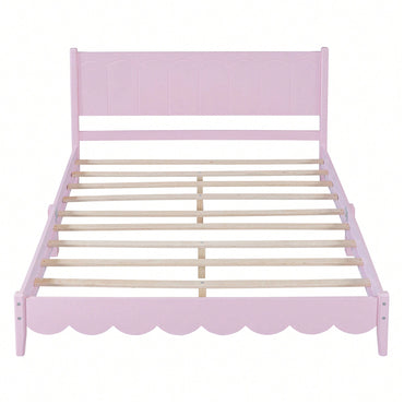 Retro Pink Queen Size Wood Platform Bed Frame With Rectangular Headboard – No Box Spring Needed