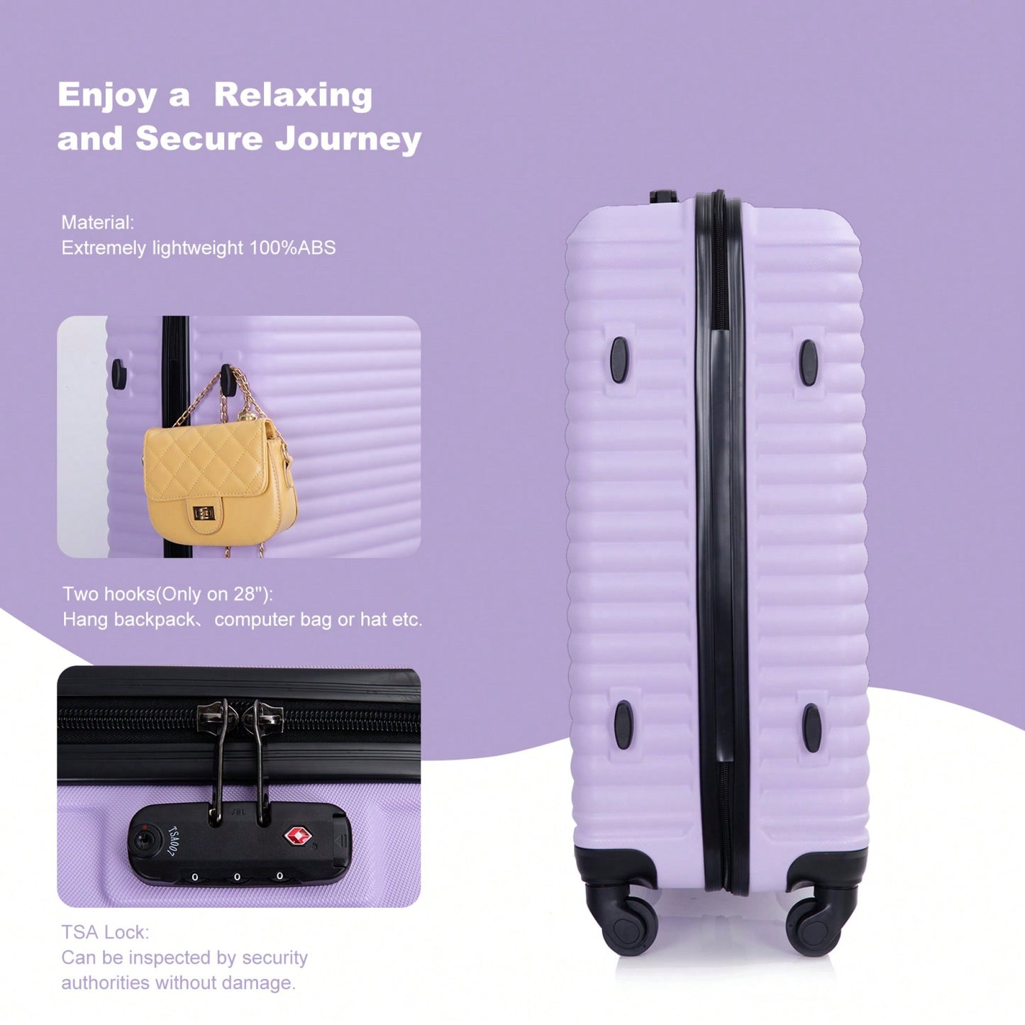 Lightweight 3-Piece ABS Luggage Set With Spinner Wheels And TSA Lock - Lavender Purple Travel Case (20/24/28)