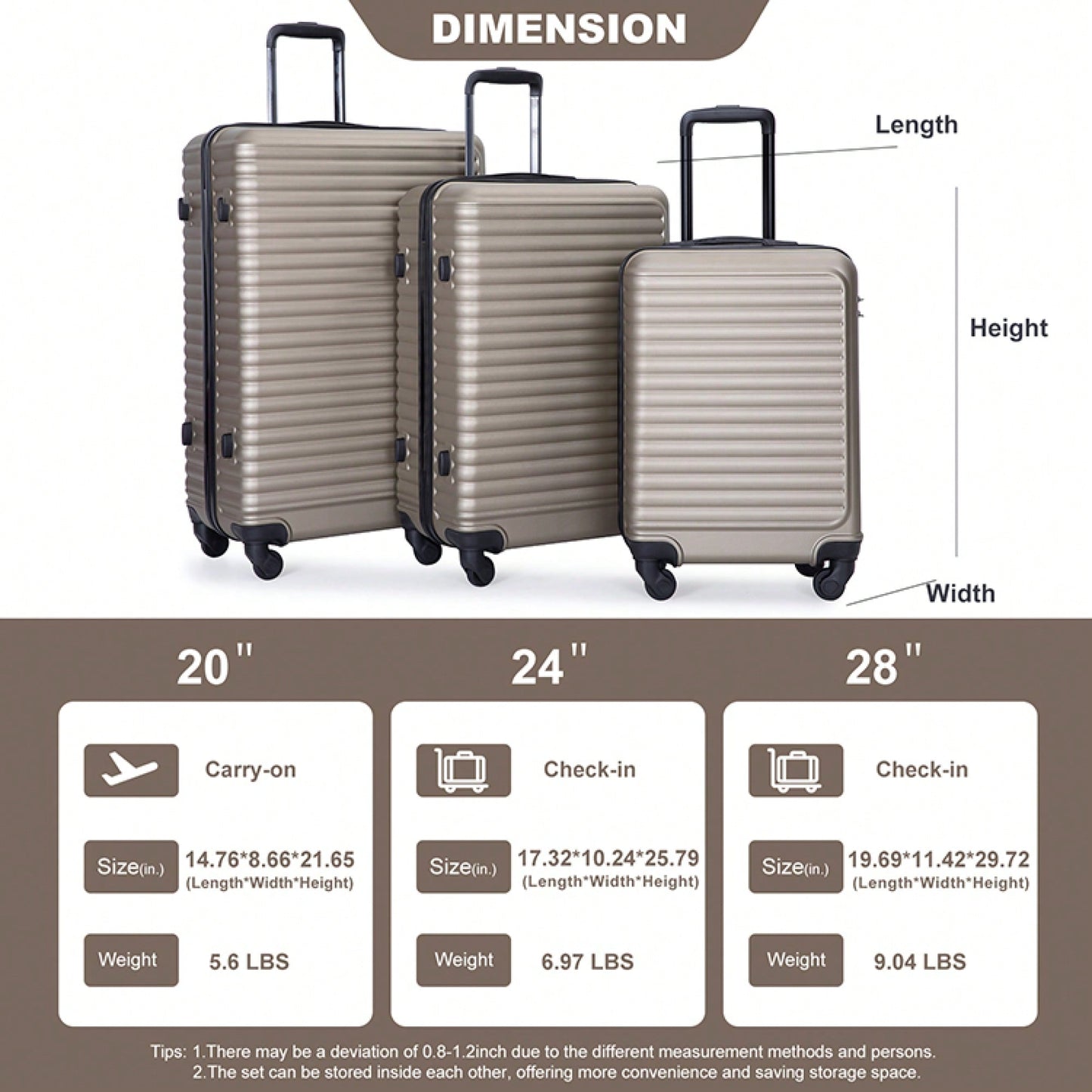 Stylish 3-Piece Lightweight Luggage Set With Spinner Wheels, Two Hooks & TSA Lock - Pink Suits For Travel (20/24/28)