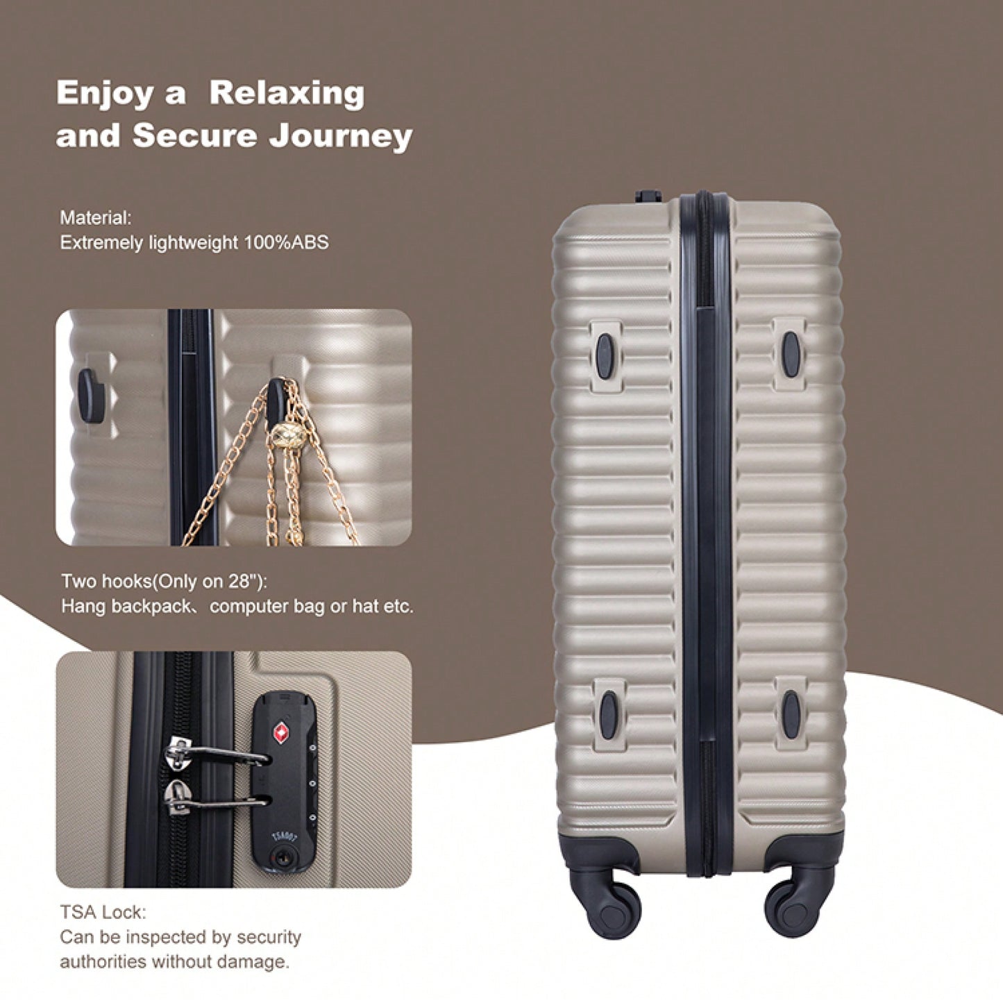 Stylish 3-Piece Lightweight Luggage Set With Spinner Wheels, Two Hooks & TSA Lock - Pink Suits For Travel (20/24/28)