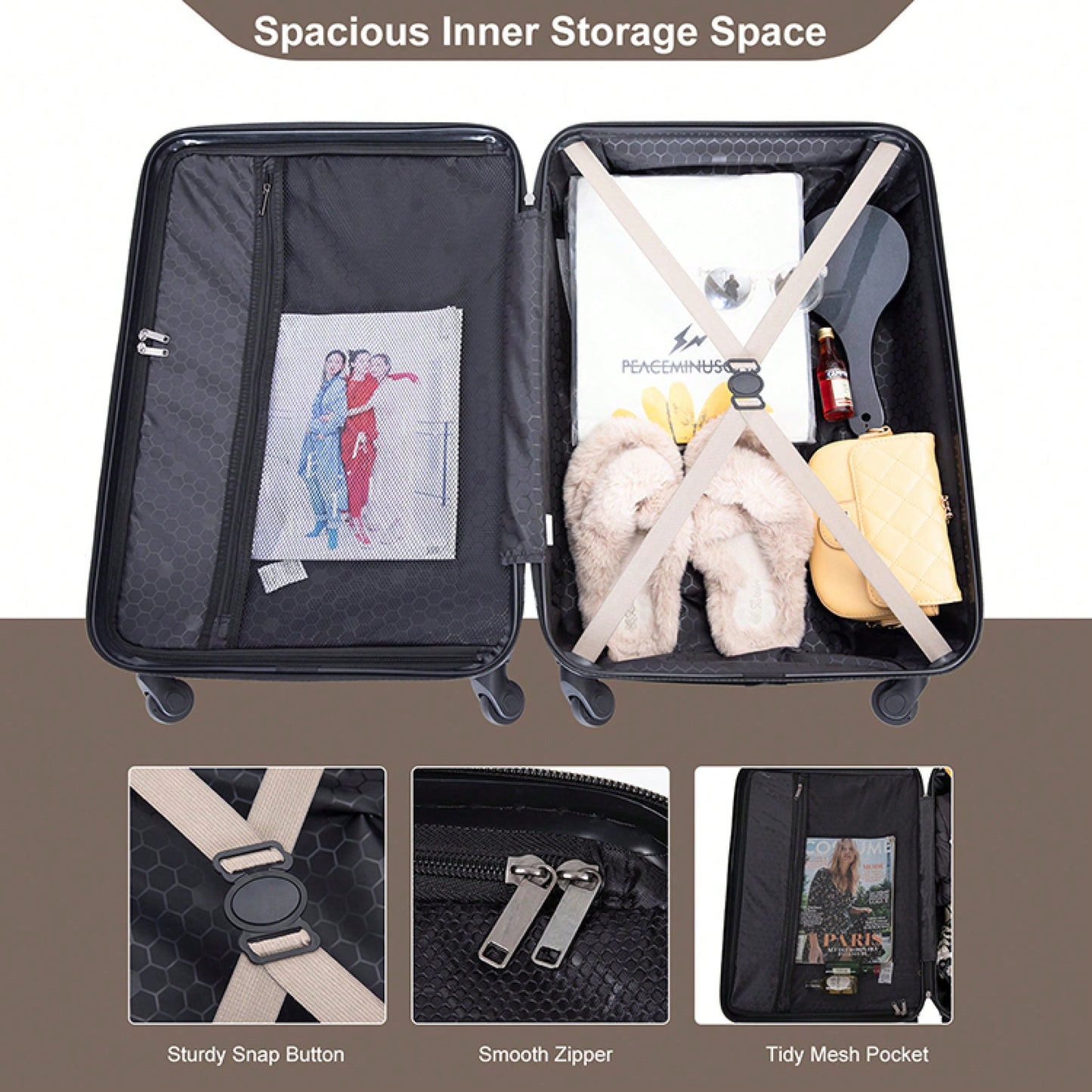 Stylish 3-Piece Lightweight Luggage Set With Spinner Wheels, Two Hooks & TSA Lock - Pink Suits For Travel (20/24/28)
