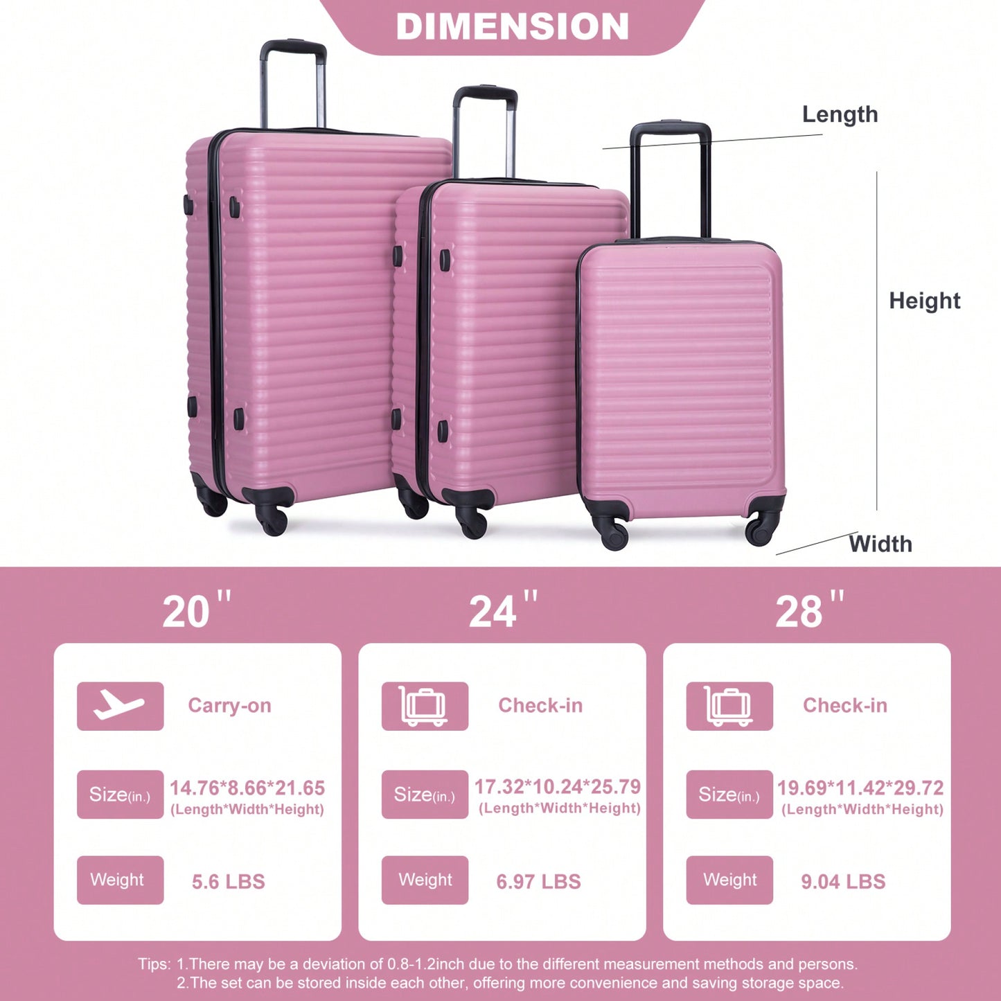 Stylish 3-Piece Lightweight Luggage Set With Spinner Wheels, Two Hooks & TSA Lock - Pink Suits For Travel (20/24/28)