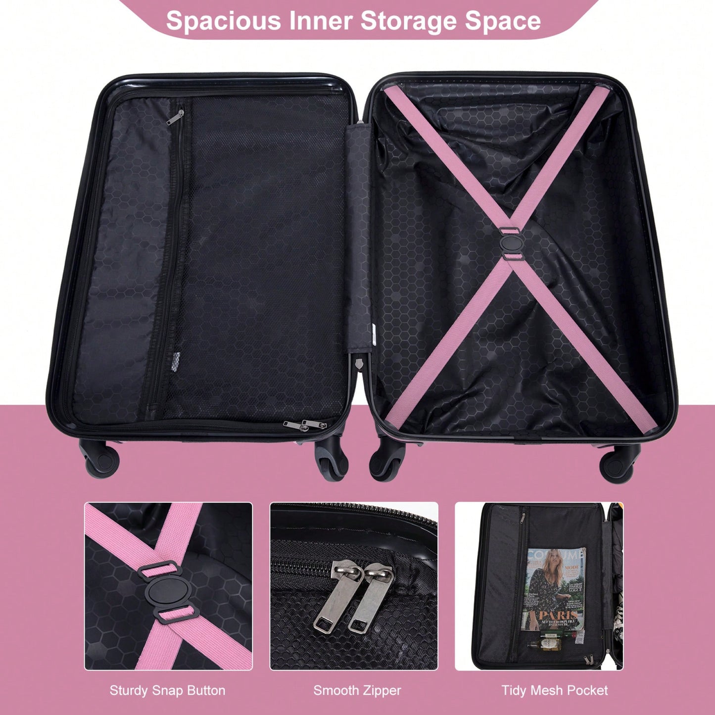 Stylish 3-Piece Lightweight Luggage Set With Spinner Wheels, Two Hooks & TSA Lock - Pink Suits For Travel (20/24/28)
